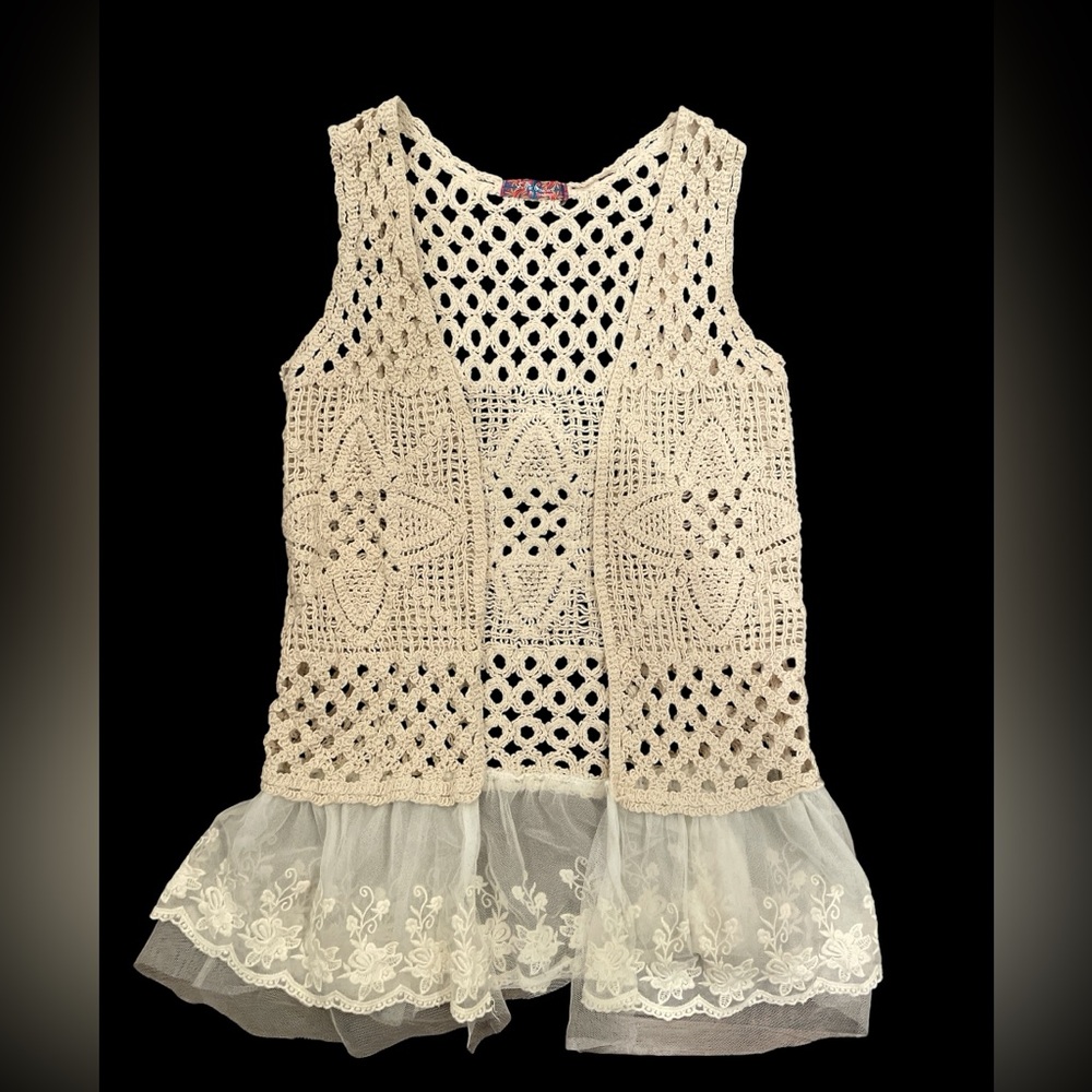 Selfie Couture By Trendology Crocheted Vest Tuelle Trim at Hem Cream Size M/L